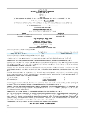 Miniature CBAK Energy Technology 10-K Rapport annuel 2020