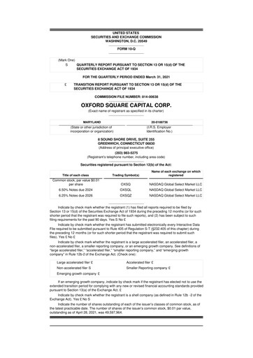 Miniature Oxford Square Capital
 10-Q Rapport trimestriel  