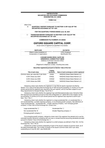 Miniature Oxford Square Capital
 10-Q Rapport trimestriel  