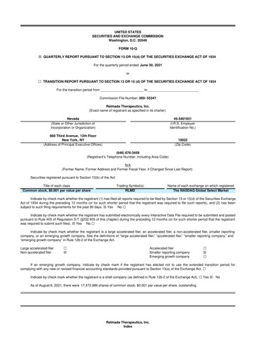 Miniature Relmada Therapeutics 10-Q Rapport trimestriel 2021 
