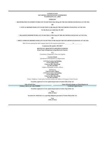 Thumbnail Regencell Bioscience 20-F Annual Report 2021