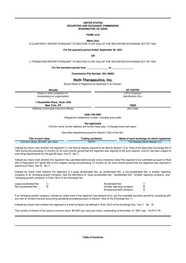 Thumbnail Hoth Therapeutics 10-Q Quarterly Report FY2021 