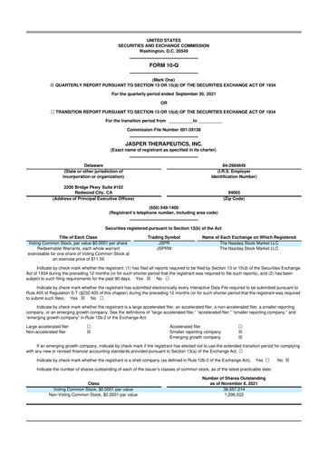Miniature Jasper Therapeutics 10-Q Rapport trimestriel 2021 