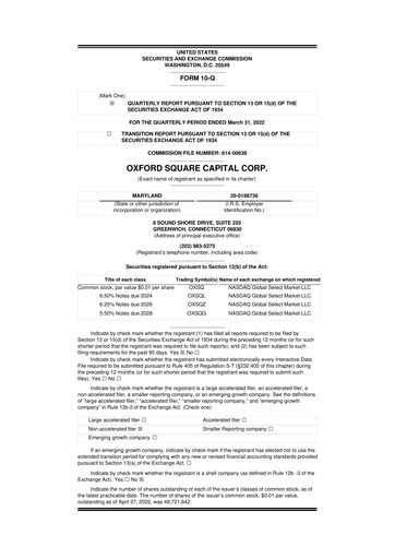 Miniature Oxford Square Capital
 10-Q Rapport trimestriel  