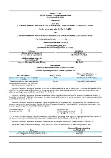 Miniature Jasper Therapeutics 10-Q Rapport trimestriel 2022 