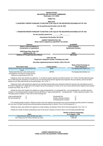 Miniature Jasper Therapeutics 10-Q Rapport trimestriel 2022 