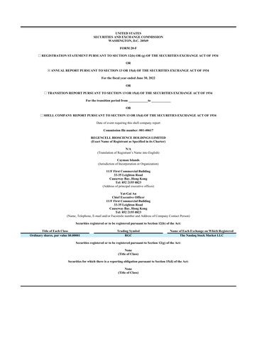 Thumbnail Regencell Bioscience 20-F Annual Report 2022