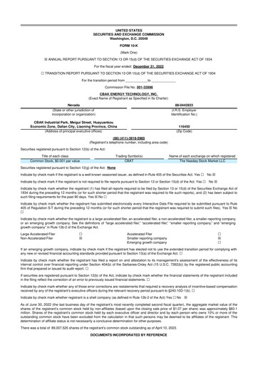 Miniature CBAK Energy Technology 10-K Rapport annuel 2022