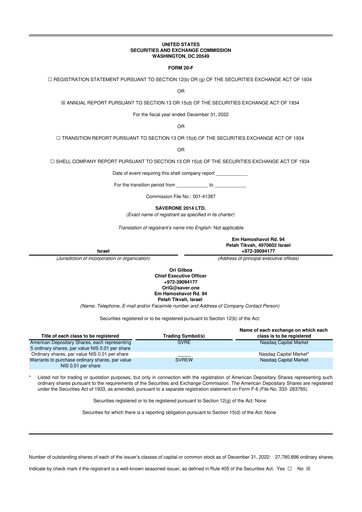 Miniature SaverOne 2014 20-F Rapport annuel 2022