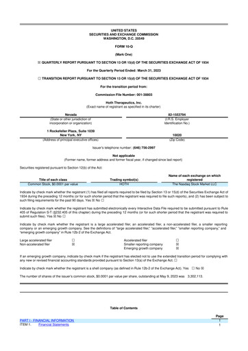 Thumbnail Hoth Therapeutics 10-Q Quarterly Report FY2023 
