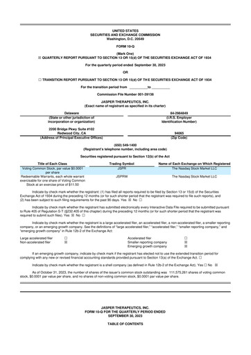 Miniature Jasper Therapeutics 10-Q Rapport trimestriel 2023 