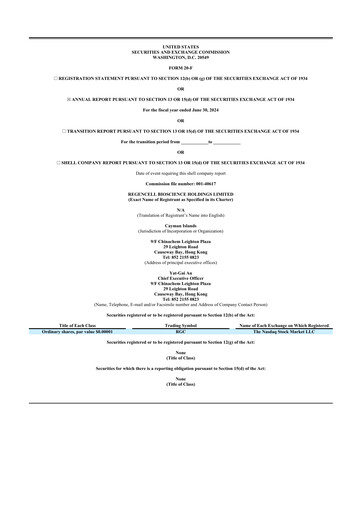 Thumbnail Regencell Bioscience 20-F Annual Report 2024