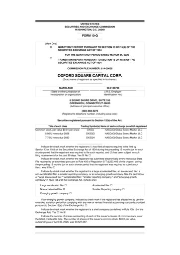 Miniature Oxford Square Capital
 10-Q Rapport trimestriel  