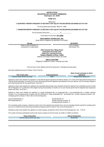 Miniature CBAK Energy Technology 10-Q Rapport trimestriel  