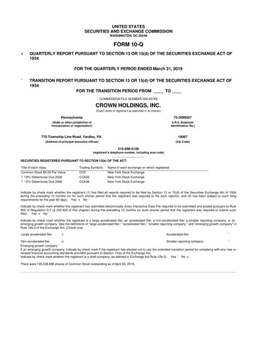 Thumbnail Crown Holdings
 10-Q Quarterly Report FY2019 