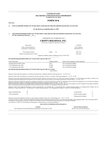 Thumbnail Crown Holdings
 10-K Annual Report 2019