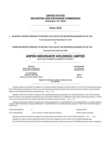 Thumbnail Aspen Insurance 10-Q Quarterly Report FY2016 