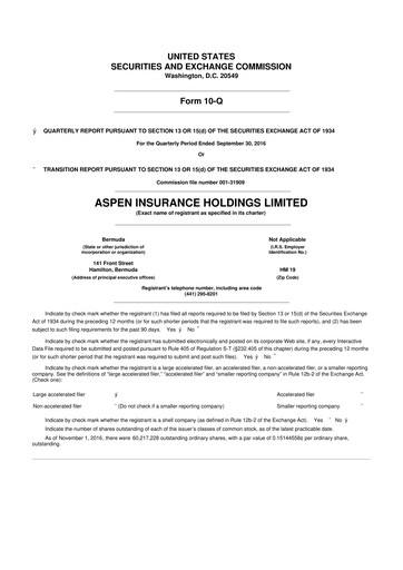 Thumbnail Aspen Insurance 10-Q Quarterly Report FY2016 