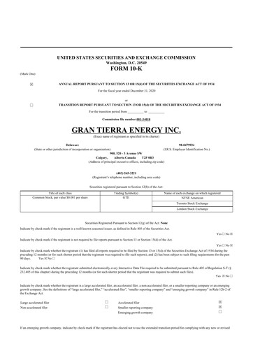 Thumbnail Gran Tierra Energy 10-K Annual Report 2020