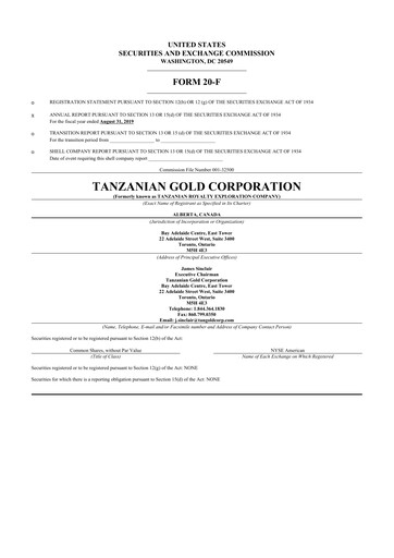 Thumbnail Tanzanian Gold Corporation 20-F Annual Report 2018