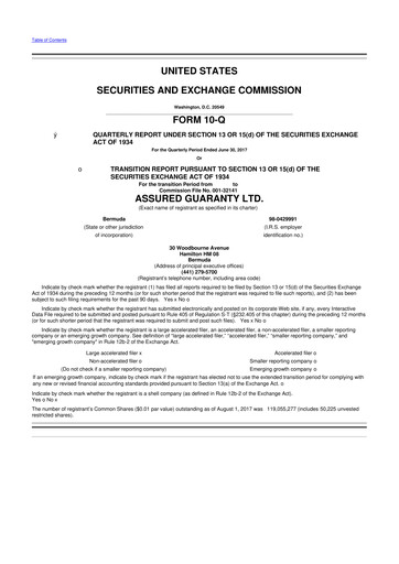 Miniature Assured Guaranty 10-Q Rapport trimestriel  