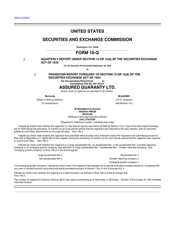 Miniature Assured Guaranty 10-Q Rapport trimestriel  