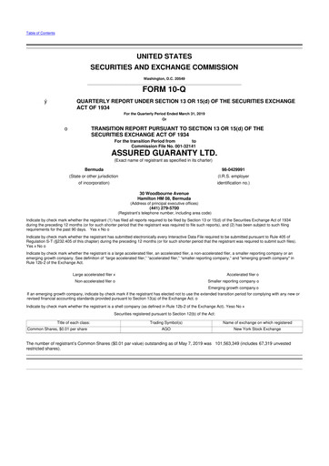 Miniature Assured Guaranty 10-Q Rapport trimestriel  