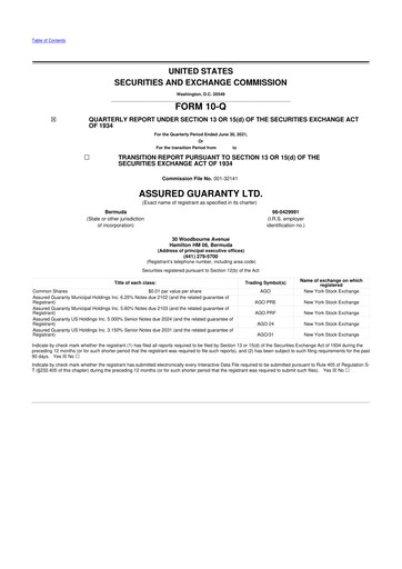 Miniature Assured Guaranty 10-Q Rapport trimestriel  