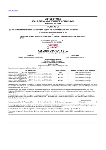 Miniature Assured Guaranty 10-Q Rapport trimestriel  