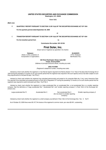 Thumbnail First Solar
 10-Q Quarterly Report FY 