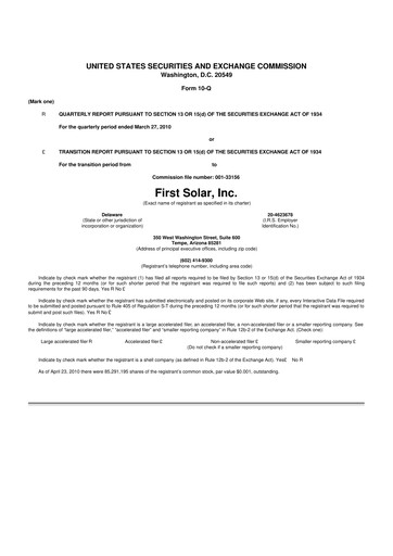Thumbnail First Solar
 10-Q Quarterly Report FY2010 