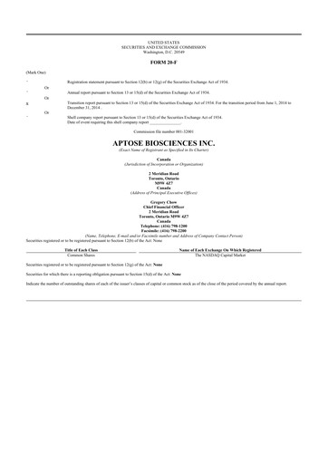 Thumbnail Aptose Biosciences 20-F Annual Report 