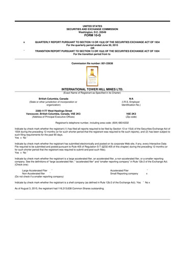 Thumbnail International Tower Hill Mines 10-Q Quarterly Report FY2015 