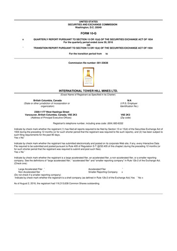 Thumbnail International Tower Hill Mines 10-Q Quarterly Report FY2016 