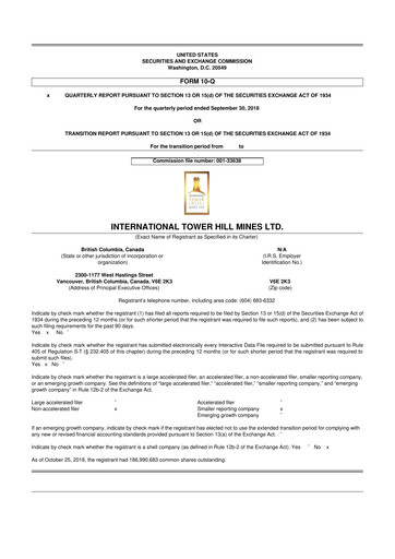 Thumbnail International Tower Hill Mines 10-Q Quarterly Report FY2018 