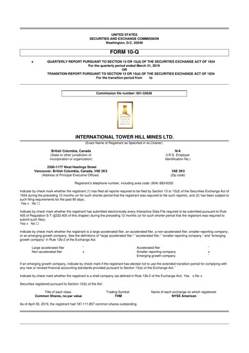 Thumbnail International Tower Hill Mines 10-Q Quarterly Report FY2019 