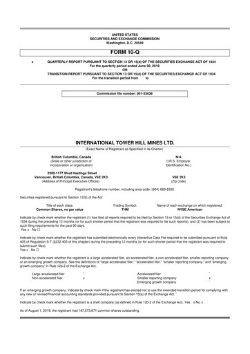 Thumbnail International Tower Hill Mines 10-Q Quarterly Report FY2019 