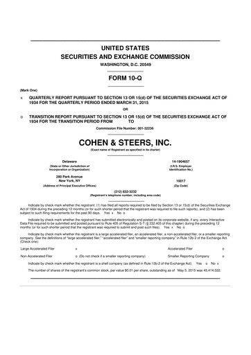 Thumbnail Cohen & Steers 10-Q Quarterly Report FY 