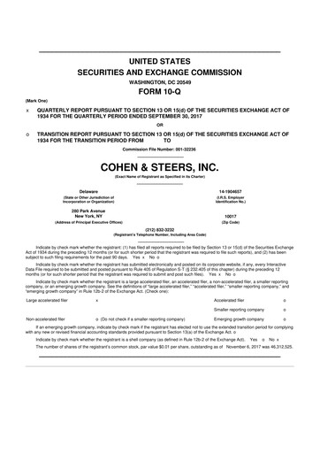 Thumbnail Cohen & Steers 10-Q Quarterly Report FY 