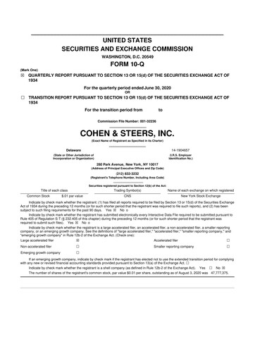 Thumbnail Cohen & Steers 10-Q Quarterly Report FY 