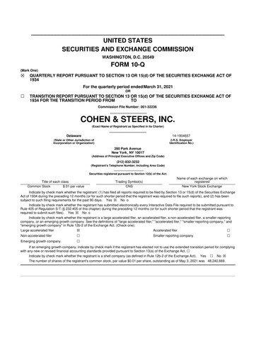 Thumbnail Cohen & Steers 10-Q Quarterly Report FY 