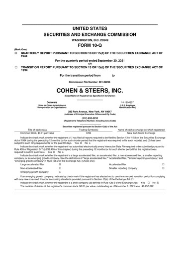 Thumbnail Cohen & Steers 10-Q Quarterly Report FY 