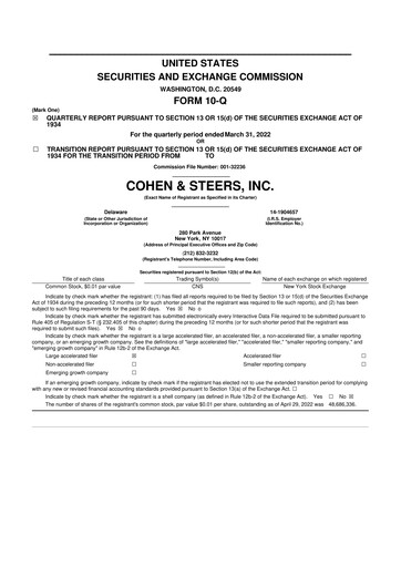 Thumbnail Cohen & Steers 10-Q Quarterly Report FY 
