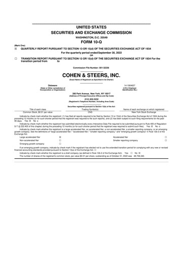 Thumbnail Cohen & Steers 10-Q Quarterly Report FY 