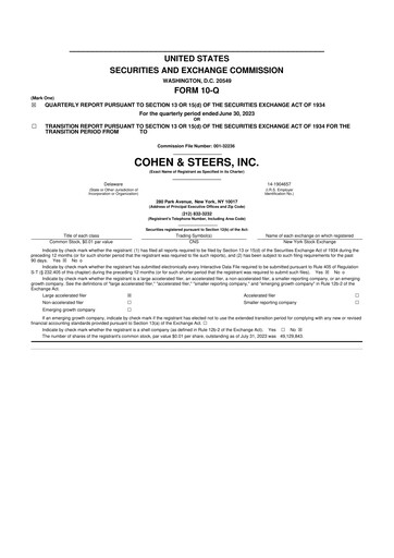 Thumbnail Cohen & Steers 10-Q Quarterly Report FY 