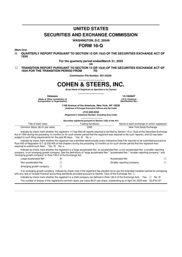 Thumbnail Cohen & Steers 10-Q Quarterly Report FY 