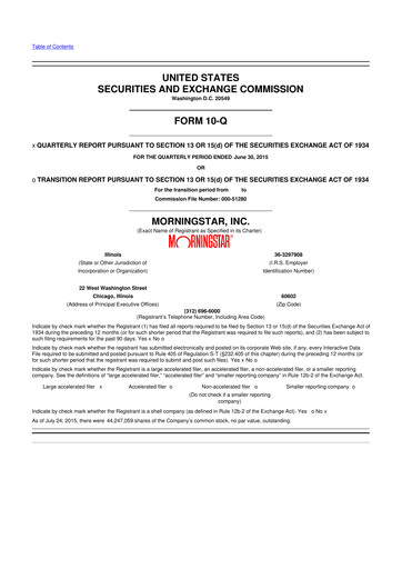 Thumbnail Morningstar
 10-Q Quarterly Report FY2015 