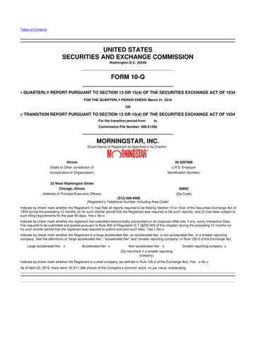 Thumbnail Morningstar
 10-Q Quarterly Report FY2016 