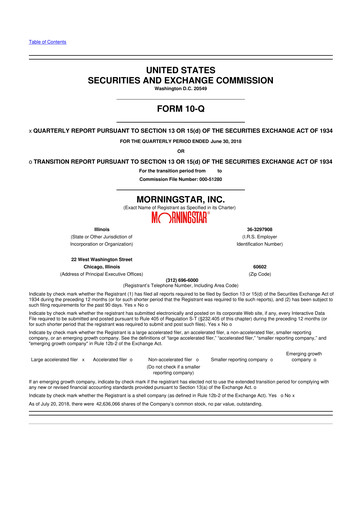 Thumbnail Morningstar
 10-Q Quarterly Report FY2018 