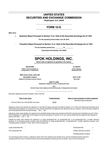 Thumbnail Spok Holdings
 10-Q Quarterly Report FY 